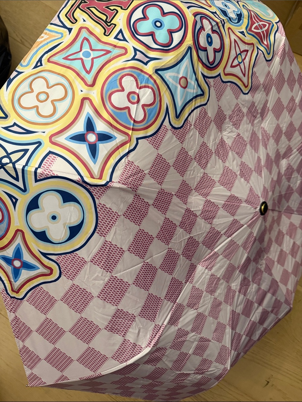 L V Colorful Patterned Umbrella with Pink Checker and Multicolor Motif
